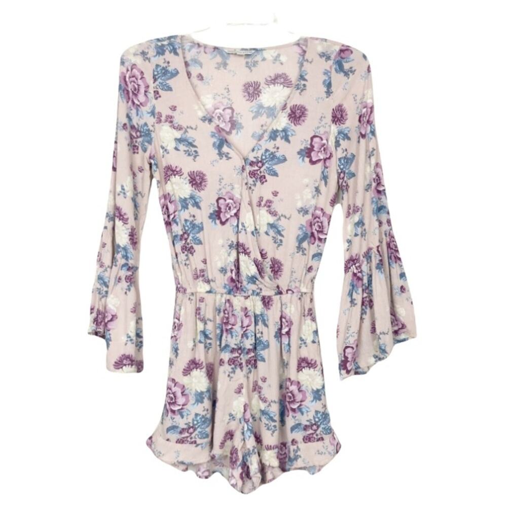 American Eagle Pink Floral Bell Sleeve Romper Sz XS